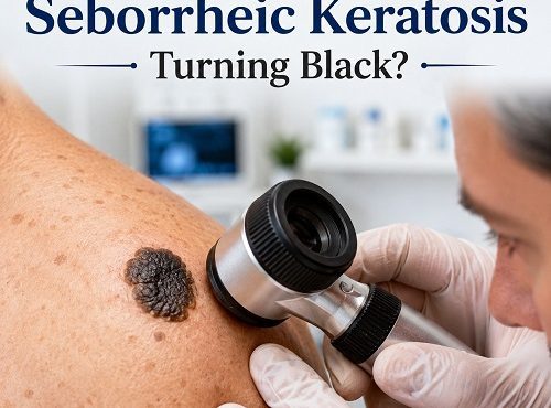 Close-up of black seborrheic keratosis on human skin with a dermatologist examining the lesion using a dermatoscope.