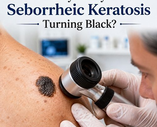 Close-up of black seborrheic keratosis on human skin with a dermatologist examining the lesion using a dermatoscope.