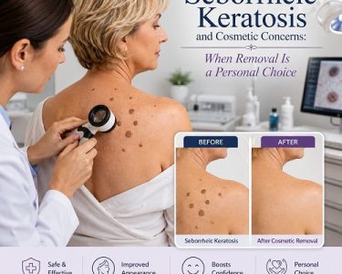 Close-up of benign seborrheic keratosis on the shoulder with dermatologist examining the skin before cosmetic removal.