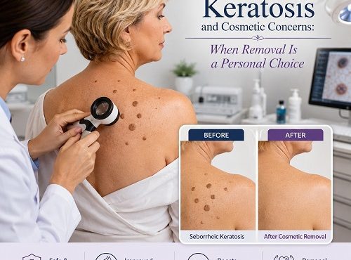 Close-up of benign seborrheic keratosis on the shoulder with dermatologist examining the skin before cosmetic removal.