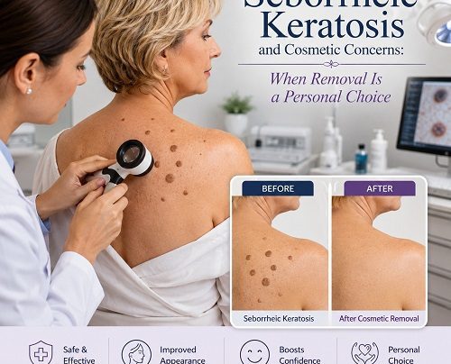 Close-up of benign seborrheic keratosis on the shoulder with dermatologist examining the skin before cosmetic removal.