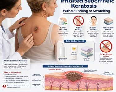 Healthcare professional examining an irritated seborrheic keratosis while explaining gentle skin care and ways to avoid scratching.