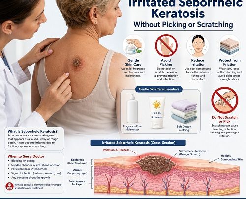 Healthcare professional examining an irritated seborrheic keratosis while explaining gentle skin care and ways to avoid scratching.