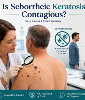 Is seborrheic keratosis contagious? A dermatologist examining benign skin growths.