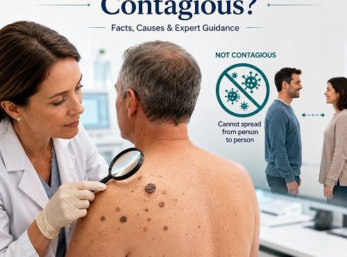 Is seborrheic keratosis contagious? A dermatologist examining benign skin growths.