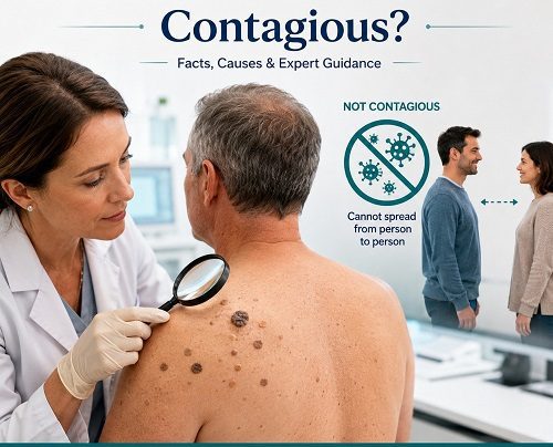 Is seborrheic keratosis contagious? A dermatologist examining benign skin growths.