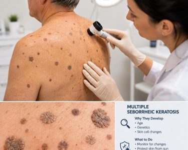 Multiple seborrheic keratosis growths on adult skin