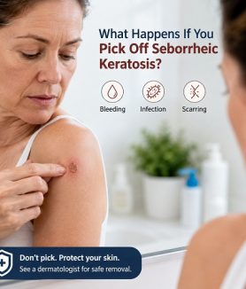 Person examining irritated seborrheic keratosis after picking the skin growth
