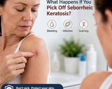 Person examining irritated seborrheic keratosis after picking the skin growth