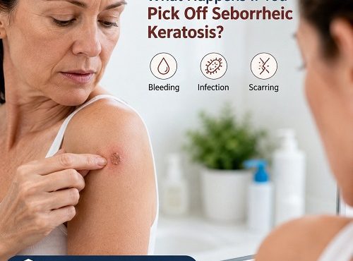 Person examining irritated seborrheic keratosis after picking the skin growth