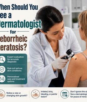 Dermatologist examining a seborrheic keratosis skin growth