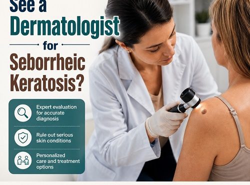 Dermatologist examining a seborrheic keratosis skin growth