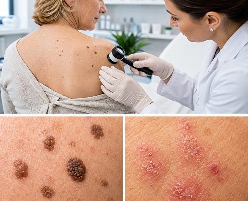 Seborrheic keratosis vs actinic keratosis showing differences in skin appearance
