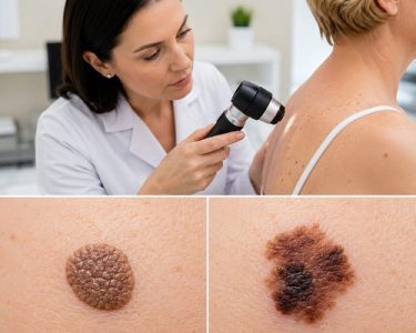 Seborrheic keratosis vs melanoma skin lesion comparison showing benign and suspicious features