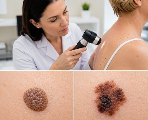 Seborrheic keratosis vs melanoma skin lesion comparison showing benign and suspicious features