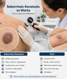 Seborrheic keratosis vs wart showing differences in skin growth appearance