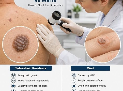 Seborrheic keratosis vs wart showing differences in skin growth appearance