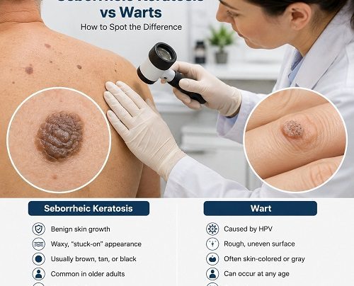Seborrheic keratosis vs wart showing differences in skin growth appearance