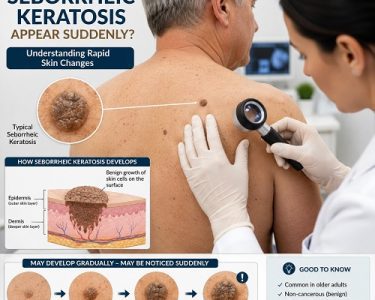Sudden seborrheic keratosis appearing as a raised waxy skin growth on an older adult's shoulder