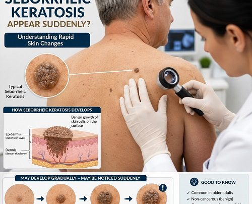 Sudden seborrheic keratosis appearing as a raised waxy skin growth on an older adult's shoulder