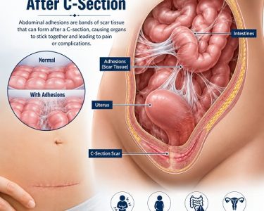 Abdominal adhesions after C-section showing scar tissue around pelvic organs