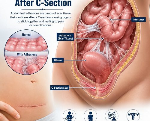 Abdominal adhesions after C-section showing scar tissue around pelvic organs