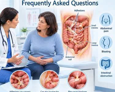 Abdominal Adhesions FAQ showing scar-like tissue connecting abdominal organs and causing digestive symptoms