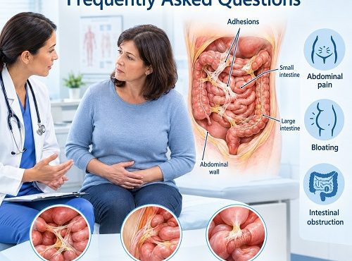 Abdominal Adhesions FAQ showing scar-like tissue connecting abdominal organs and causing digestive symptoms