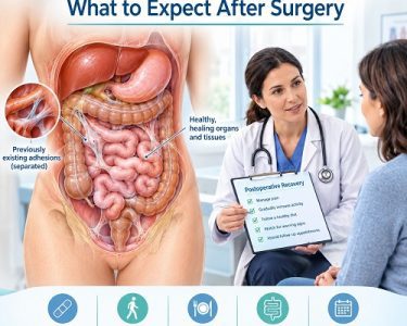 Abdominal adhesions recovery after surgery showing healing abdominal organs and postoperative care