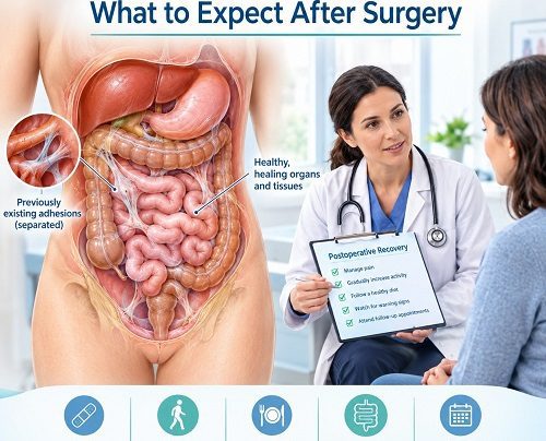 Abdominal adhesions recovery after surgery showing healing abdominal organs and postoperative care