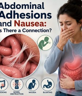 Medical illustration showing abdominal adhesions affecting the intestines and causing nausea