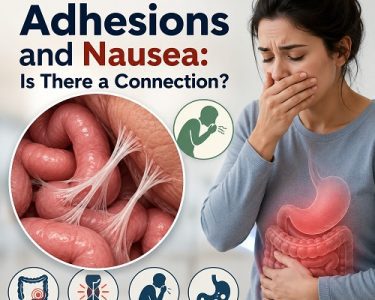 Medical illustration showing abdominal adhesions affecting the intestines and causing nausea
