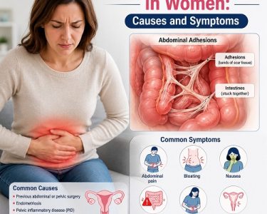 Abdominal adhesions in women showing scar tissue between abdominal and pelvic organs