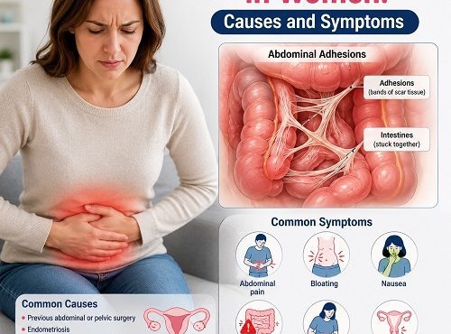 Abdominal adhesions in women showing scar tissue between abdominal and pelvic organs