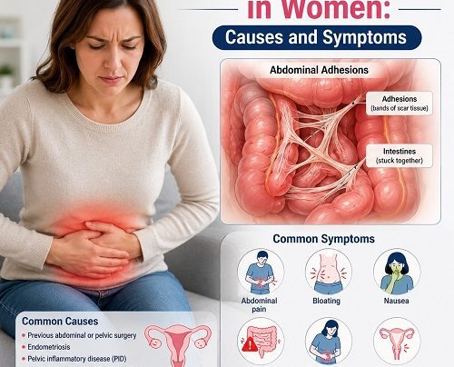 Abdominal adhesions in women showing scar tissue between abdominal and pelvic organs