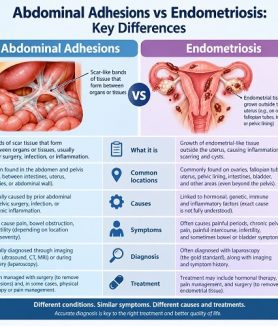 Abdominal adhesions vs endometriosis showing differences in pelvic pain and abdominal scar tissue