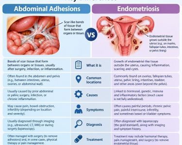 Abdominal adhesions vs endometriosis showing differences in pelvic pain and abdominal scar tissue