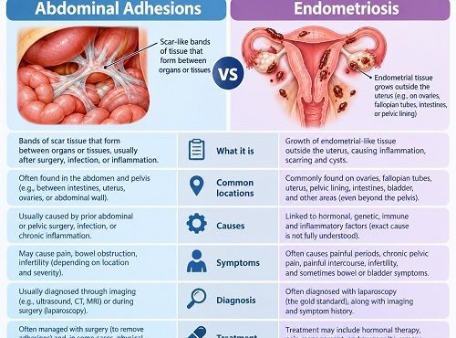 Abdominal adhesions vs endometriosis showing differences in pelvic pain and abdominal scar tissue
