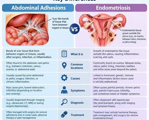 Abdominal adhesions vs endometriosis showing differences in pelvic pain and abdominal scar tissue