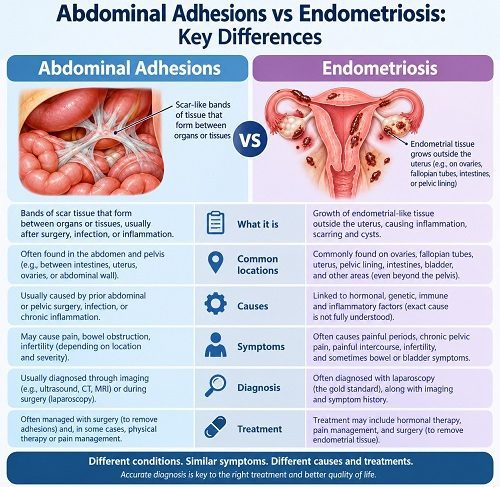 Abdominal adhesions vs endometriosis showing differences in pelvic pain and abdominal scar tissue
