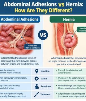 Abdominal adhesions vs hernia showing differences in causes, symptoms and abdominal pain