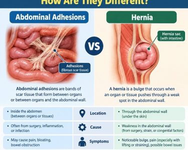 Abdominal adhesions vs hernia showing differences in causes, symptoms and abdominal pain