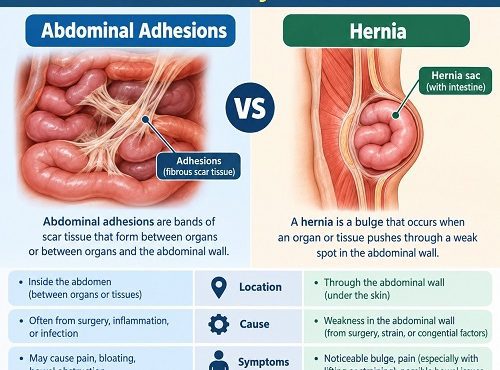 Abdominal adhesions vs hernia showing differences in causes, symptoms and abdominal pain