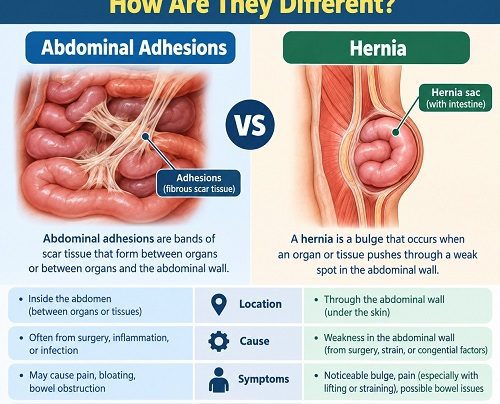 Abdominal adhesions vs hernia showing differences in causes, symptoms and abdominal pain
