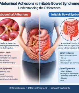 Abdominal adhesions vs irritable bowel syndrome comparison showing digestive system and abdominal pain