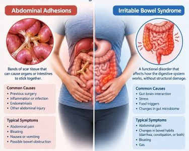 Abdominal adhesions vs irritable bowel syndrome comparison showing digestive system and abdominal pain