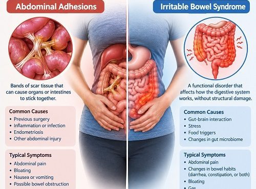 Abdominal adhesions vs irritable bowel syndrome comparison showing digestive system and abdominal pain