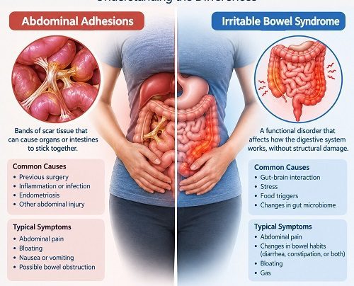 Abdominal adhesions vs irritable bowel syndrome comparison showing digestive system and abdominal pain