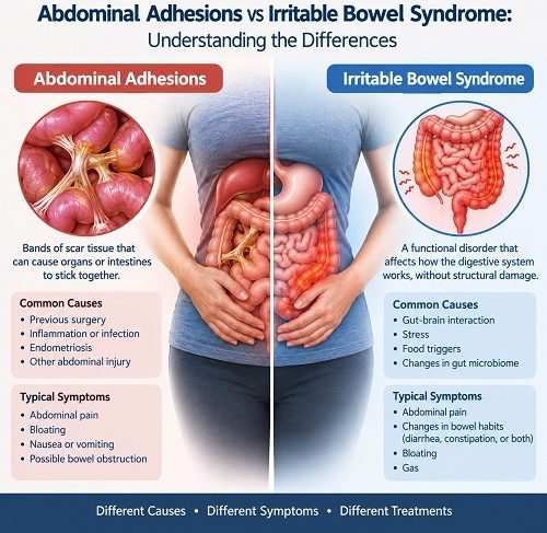 Abdominal adhesions vs irritable bowel syndrome comparison showing digestive system and abdominal pain