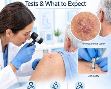 Actinic keratosis diagnosis during a dermatologist skin examination